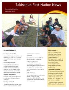 –akis“nuk First Nation News Community Newsletter September, 2013 Items of interest: Saturday, September 21: