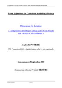 L’intégration d’Internet en tant qu’outil de veille dans une entreprise internationale  Ecole Supérieure de Commerce Marseille Provence Mémoire de fin d’études : « l’intégration d’Internet en tant qu’