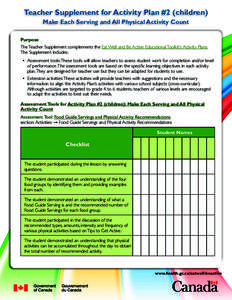 Teacher Supplement for Activity Plan #2 (children) Make Each Serving and All Physical Activity Count Purpose The Teacher Supplement complements the Eat Well and Be Active Educational Toolkit’s Activity Plans. The Suppl