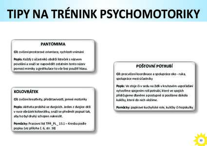 Tipy na trénink psychomotoriky PANTOMIMA Cíl: cvičení prostorové orientace, rychlosti vnímání Popis: Každý z účastníků obdrží lísteček s názvem povolání a snaží se napovědět ostatním tento náze