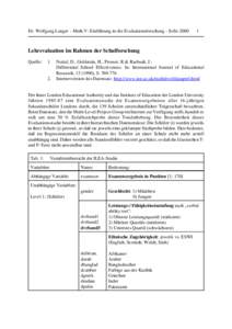 Dr. Wolfgang Langer - Meth.V: Einführung in die Evaluationsforschung - SoSe[removed]Lehrevaluation im Rahmen der Schulforschung Quelle: