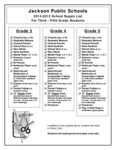 Jackson Public Schools[removed]School Supply List For Third – Fifth Grade Students Grade 3 