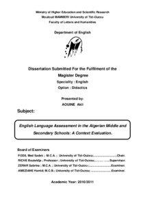 Ministry of Higher Education and Scientific Research Mouloud MAMMERI University of Tizi-Ouzou Faculty of Letters and Humanities