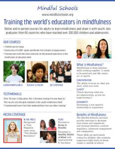 www.mindfulschools.org  Training the world’s educators in mindfulness Online and in-person courses for adults to learn mindfulness and share it with youth. Join graduates from 60 countries who have reached over 200,000