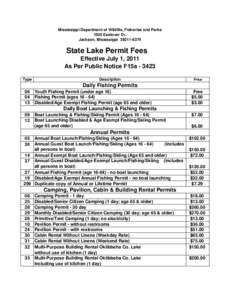 Mississippi Department of Wildlife, Fisheries and Parks 1505 Eastover Dr. Jackson, Mississippi[removed]State Lake Permit Fees Effective July 1, 2011