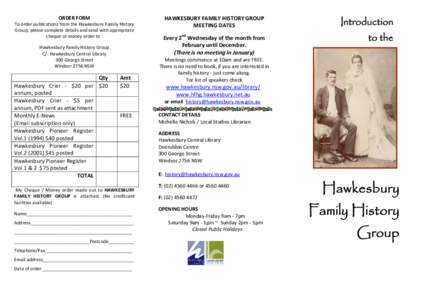 ORDER FORM     Hawkesbury Family History Group  C/‐ Hawkesbury Central Library 