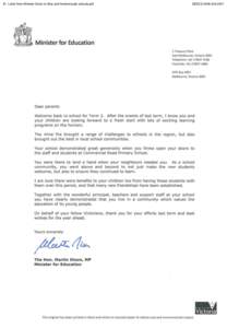 81 Letter from Minister Dixon to Moe and Newborough schools.pdf  DEECD[removed]Minister for Education 2 Treasury Place