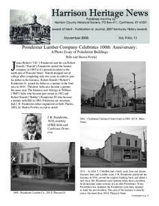 Harrison Heritage News Published monthly by Harrison County Historical Society, PO Box 411, Cynthiana, KYAward of Merit - Publication or Journal, 2007 Kentucky History Awards