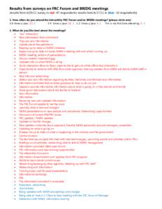 Results from surveys on FRC Forum and BRIDG meetings  (results from[removed]survey in red--47 respondents; results from[removed]in blue--10 respondents) 1. How often do you attend the bimonthly FRC Forum and/or BRIDG mee