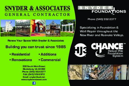 Phone: (Specializing in Foundation & Wall Repair throughout the New River and Roanoke Valleys. Renew Your Space With Snyder & Associates