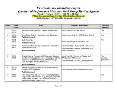 VT Health Care Innovation Project Quality and Performance Measures Work Group Meeting Agenda Monday, February 10, 2014; 10:00 AM to 12 Noon 4th Floor Conference Room, Pavilion Office Building, Montpelier Call-In Number: 