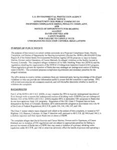 U.S. ENVIRONMENTAL PROTECTION AGENCY PUBLIC NOTICE OPPORTUNITY FOI~ PUBLIC COMMENT ON PROPOSED COMPLIANCE ORDER, PENALTY COMPLAINT, AND NOTICE OF OPPORTUNITY FOR HEARING