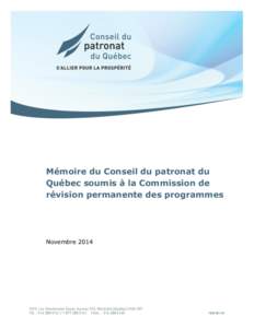 Mémoire du Conseil du patronat du Québec soumis à la Commission de révision permanente des programmes
