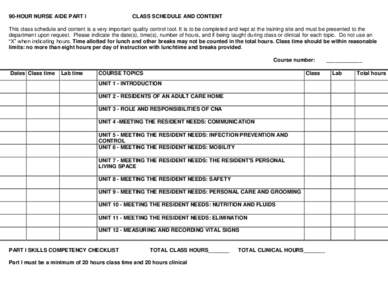 90-HOUR NURSE AIDE PART I  CLASS SCHEDULE AND CONTENT This class schedule and content is a very important quality control tool. It is to be completed and kept at the training site and must be presented to the department 