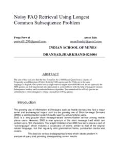 Noisy FAQ Retrieval Using Longest Common Subsequence Problem Pooja Porwal Aman Jain