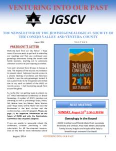 VENTURING INTO OUR PAST  JGSCV THE NEWSLETTER OF THE JEWISH GENEALOGICAL SOCIETY OF THE CONEJO VALLEY AND VENTURA COUNTY