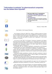 “Information to patients” by pharmaceutical companies: has the debate been hijacked? Joint open letter from 11 organisations To members of the ENVI Committee  of the European Parliament, especially the Committee