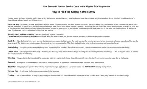 2014 Survey of Funeral Service Costs in the Virginia Blue Ridge Area  How to read the funeral home survey Funeral homes are listed across the top by town or city. Refer to the attached directory listed by funeral home fo