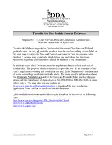 Delaware Department of Agriculture Pesticide Compliance 2320 S. DuPont Hwy., Dover, DE[removed]Tel[removed]Fax[removed][removed] – DE Only