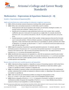 Arizona’s College and Career Ready Standards Mathematics – Expressions & Equations Domain (6 – 8) Grade 6: Expressions & Equations (EE) Apply and extend previous understandings of arithmetic to algebraic expression