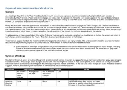 Colour and page charges: results of a brief survey Overview At a meeting in May 2013 of the “Post Finch Stakeholder Forum”, concern was expressed about the implications of using the block grant provided to universiti