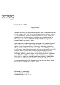 [removed]Communiqué Groupe CANAL+ - Nomination Sébastien de Gasquet