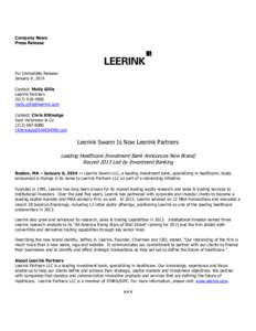 Company News Press Release For Immediate Release January 6, 2014 Contact: Molly Gillis