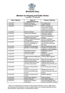 Ministerial Diary Minister for Housing and Public Works 1 July 2013 – 31 July 2013 Date of Meeting 1 July[removed]July 2013