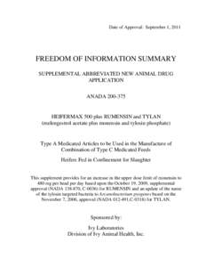 Date of Approval: September 1, 2011  FREEDOM OF INFORMATION SUMMARY SUPPLEMENTAL ABBREVIATED NEW ANIMAL DRUG APPLICATION ANADA[removed]