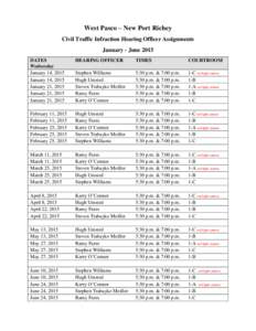 West Pasco – New Port Richey Civil Traffic Infraction Hearing Officer Assignments January - June 2015 DATES Wednesday January 14, 2015