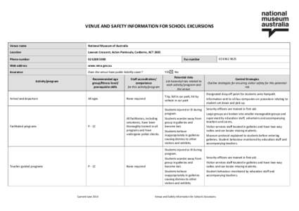 VENUE AND SAFETY INFORMATION FOR SCHOOL EXCURSIONS  Venue name National Museum of Australia