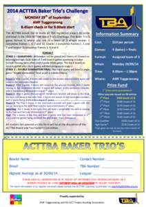 The ACTTBA would like to invite all TBA registered players to come and bowl in the 2014 ACTTBA Baker Trio’s Challenge. The Baker Trio’s game format is where you are in a team of 3 where bowler 1 completes frames 1, 4