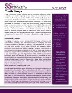 FACT SHEET Youth Gangs A gang is a structured group of individuals who use intimidation and violence to carry out criminal acts in order to gain power and status or to control certain lucrative activities (4). A youth ga