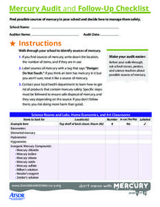 Mercury Audit and Follow-Up Checklist Find possible sources of mercury in your school and decide how to manage them safely. School Name: Audit Date:  Auditor Name: