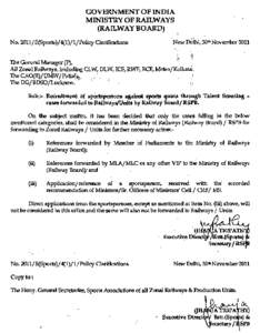 GOVERNMENT OF INDIA MINISTRY OF RAILWAYS (RAILWAY BOARD) New Dellu, 30th November 2011  ;.