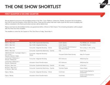 THE ONE SHOW SHORTLIST FIRST QUARTER & SECOND QUARTER We are pleased to announce the shortlisted entries in the Film, Cross-Platform, Interactive, Mobile, Social and UX/UI disciplines from the 1st and 2nd Quarters of the