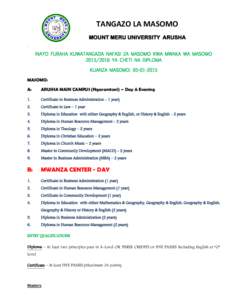 TANGAZO LA MASOMO MOUNT MERU UNIVERSITY ARUSHA < INAYO FURAHA KUWATANGAZIA NAFASI ZA MASOMO KWA MWAKA WA MASOMO[removed]YA CHETI NA DIPLOMA