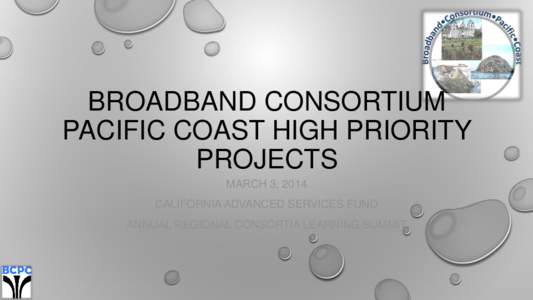 BROADBAND CONSORTIUM PACIFIC COAST HIGH PRIORITY PROJECTS MARCH 3, 2014 CALIFORNIA ADVANCED SERVICES FUND ANNUAL REGIONAL CONSORTIA LEARNING SUMMIT