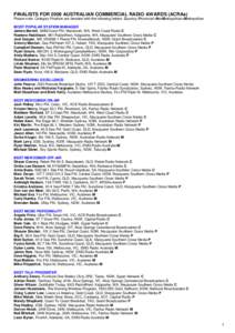 FINALISTS FOR 2009 AUSTRALIAN COMMERCIAL RADIO AWARDS (ACRAs) Please note: Category Finalists are denoted with the following letters: Country>Provincial>NonMetropolitan>Metropolitan MOST POPULAR STATION MANAGER James Bar
