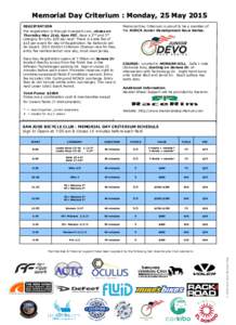 Memorial Day Criterium : Monday, 25 May 2015 REGISTRATION Pre-registration is through truesport.com, closes on Thursday May 21st, 9pm PST. Race a 2nd and 3rd category for only $20 per race! There is a late fee of $10 per