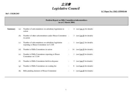 立法會 Legislative Council LC Paper No. CB[removed]Ref : CB2/R[removed]Position Report on Bills Committees/subcommittees