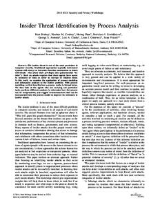 2014 IEEE Security and Privacy Workshops  Insider Threat Identiﬁcation by Process Analysis Matt Bishop∗ , Heather M. Conboy† , Huong Phan† , Borislava I. Simidchieva† , George S. Avrunin† , Lori A. Clarke† 