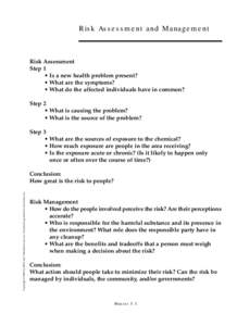 Risk Assessment and Management Risk Assessment Step 1 • Is a new health problem present?