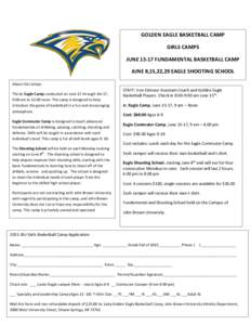 GOLDEN EAGLE BASKETBALL CAMP GIRLS CAMPS JUNEFUNDAMENTAL BASKETBALL CAMP JUNE 8,15,22,29 EAGLE SHOOTING SCHOOL About the Camps: The Jr. Eagle Camp conducted on June 15 through the 17,