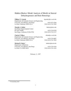 Hidden Markov Model Analysis of Motifs in Steroid Dehydrogenases and their Homologs William N. Grundy  Department of Computer Science and Engineering University of California, San Diego