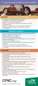 Tu lista de acciones para ir a la Universidad  9o. Año Pon tu mira en la Universidad ▫	Inscríbete en cursos que sean desafiantes para ti. ▫	Concéntrate en obtener buenas calificaciones. ▫	Reúnete con el conseje