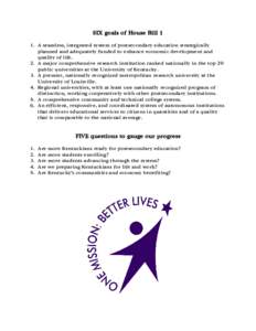 SIX goals of House Bill 1 1. A seamless, integrated system of postsecondary education strategically planned and adequately funded to enhance economic development and quality of life. 2. A major comprehensive research ins