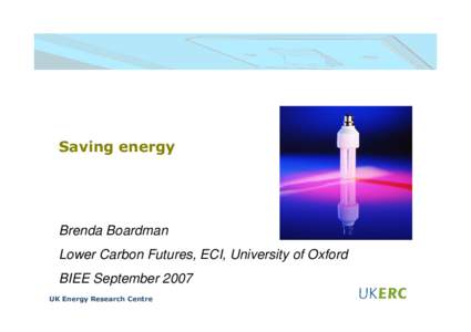 Saving energy  Brenda Boardman Lower Carbon Futures, ECI, University of Oxford BIEE September 2007 UK Energy Research Centre