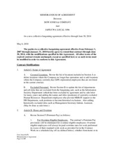 MEMORANDUM OF AGREEMENT Between DOW JONES & COMPANY And IAPE/CWA LOCAL 1096 for a new collective bargaining agreement effective through June 30, 2014