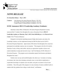 NEWS RELEASE For Immediate Release – May 2, 2013 Contacts: Vicki Bauman, Prevention Programs Director, [removed]Jeri Trainor, Prevention Programs Coordinator, [removed]